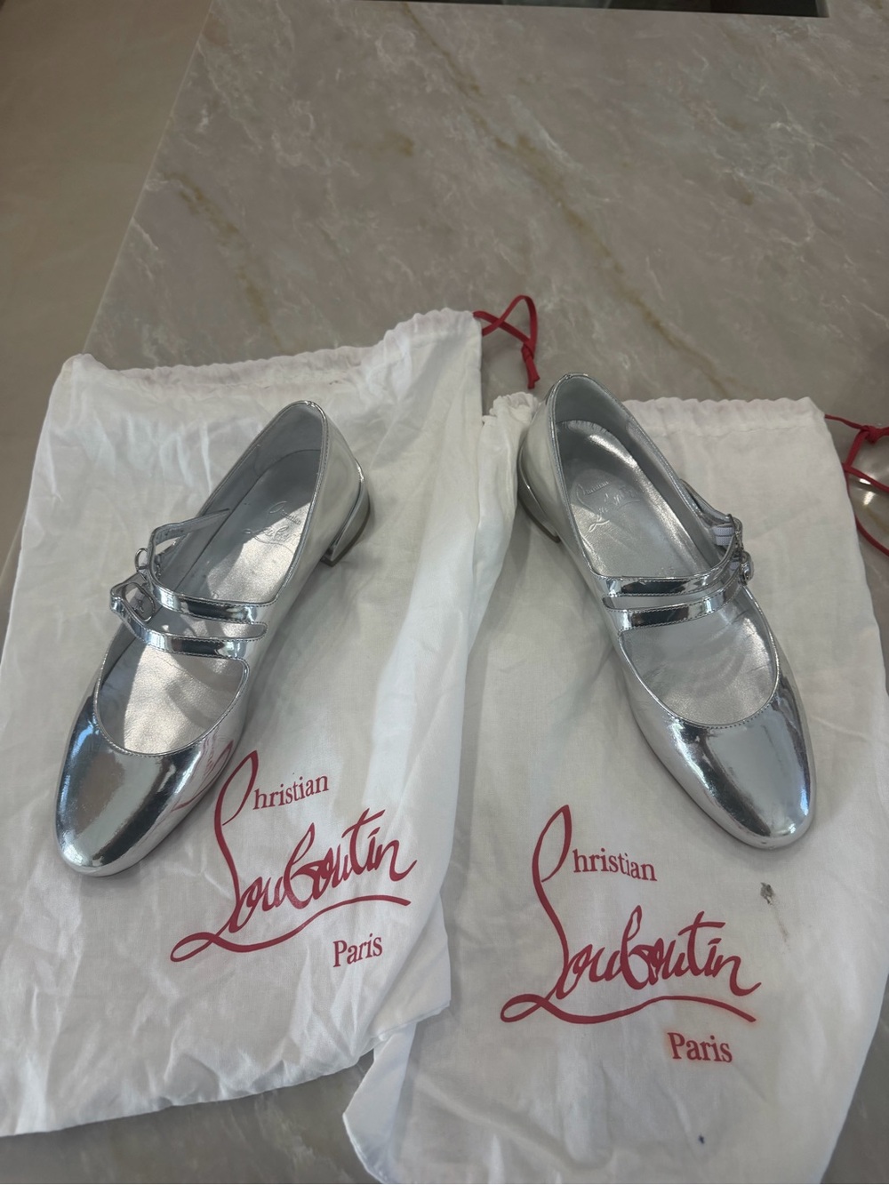 Christian Louboutin Silver Double-Strap Mary Jane Flats